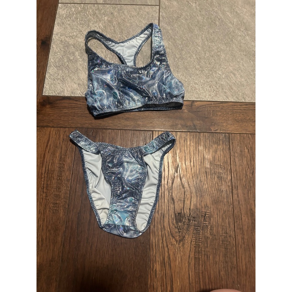 Vtg Pango Pango Swimwear Galaxy Holographic Bikini Set Blue Silver Racerback Sm
